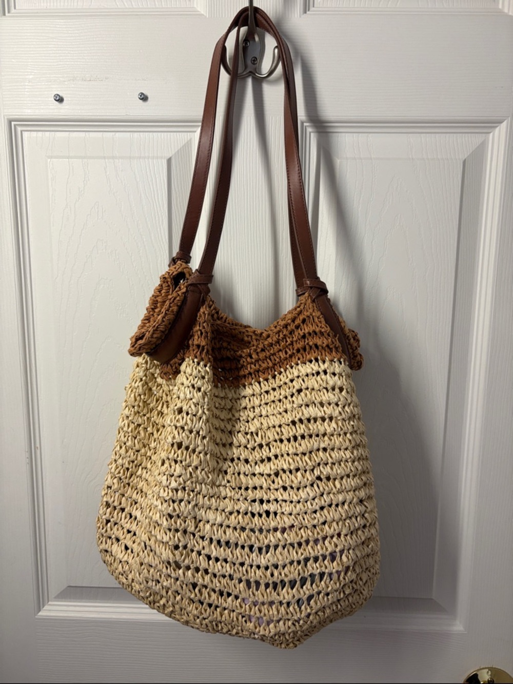 J. Crew Natural Straw Tote with Brown Trim and Straps